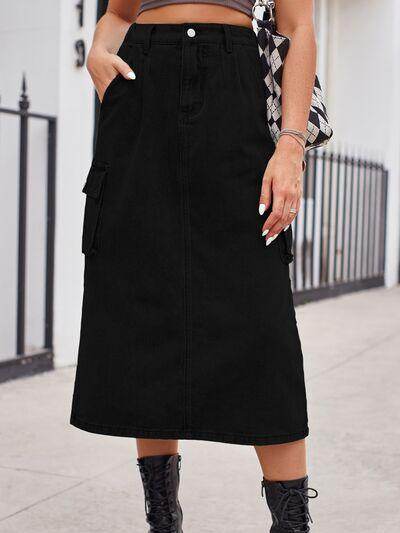 Slit Buttoned Denim Skirt with Pockets for Women