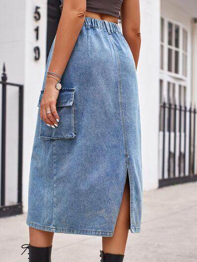 Slit Buttoned Denim Skirt with Pockets for Women