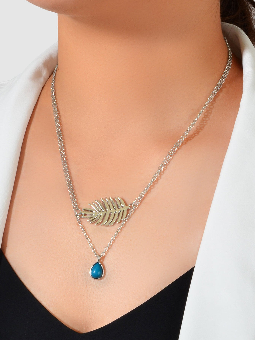 Trendy Double layer Silver Chain Leaf Charm Blue Bead Water Drop Charm Necklace