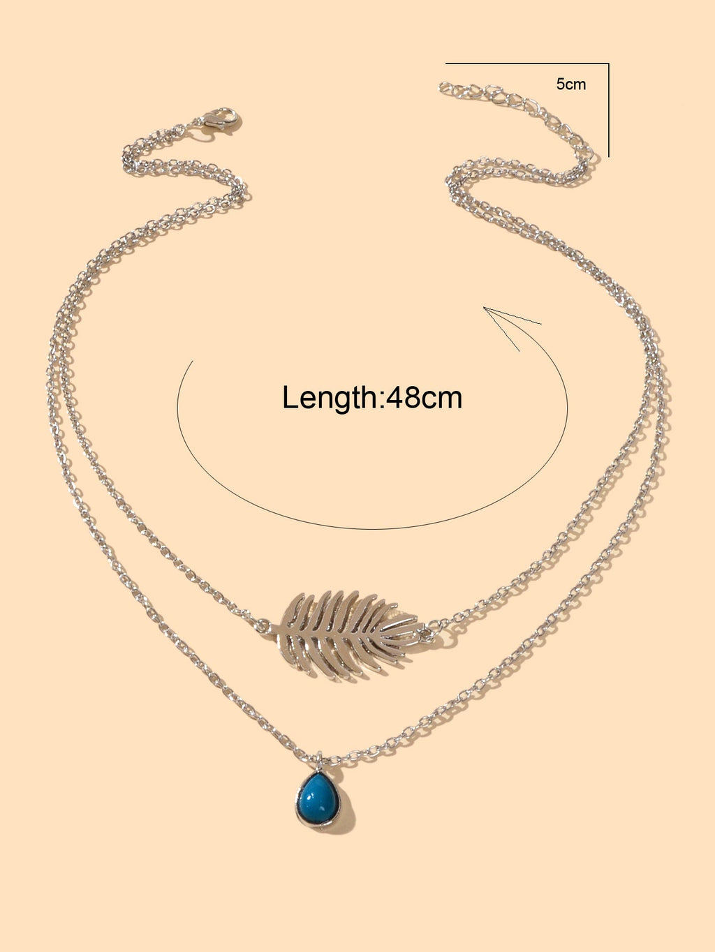 Trendy Double layer Silver Chain Leaf Charm Blue Bead Water Drop Charm Necklace