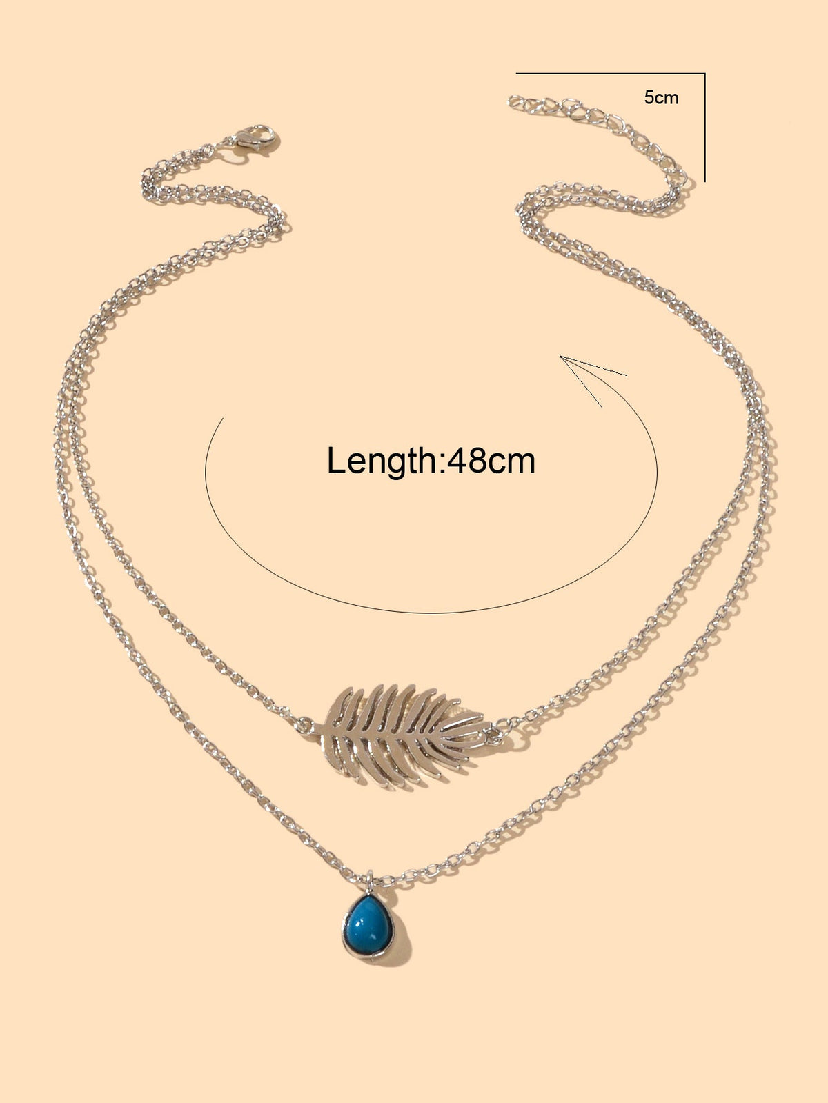 Trendy Double layer Silver Chain Leaf Charm Blue Bead Water Drop Charm Necklace