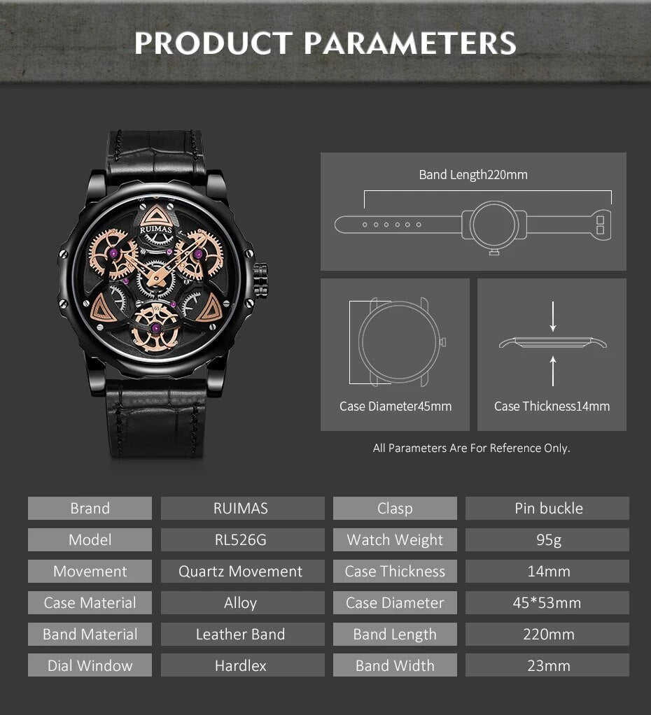 RUIMAS Relogio Masculino Fashion Leather Strap Big Dial Sports Quartz Watches for Men 3ATM Waterproof Casual WristWatch Clock 526