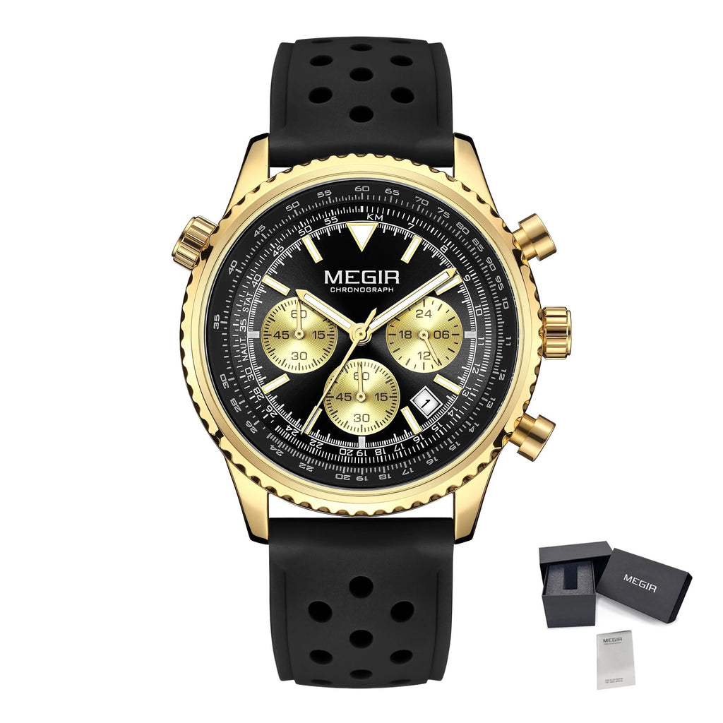 MEGIR Luxury Men Watches Fashion Silicone Band Quartz Military Wristwatch Waterproof Big Dial Male Sport Chronograph with Date Clock 2236