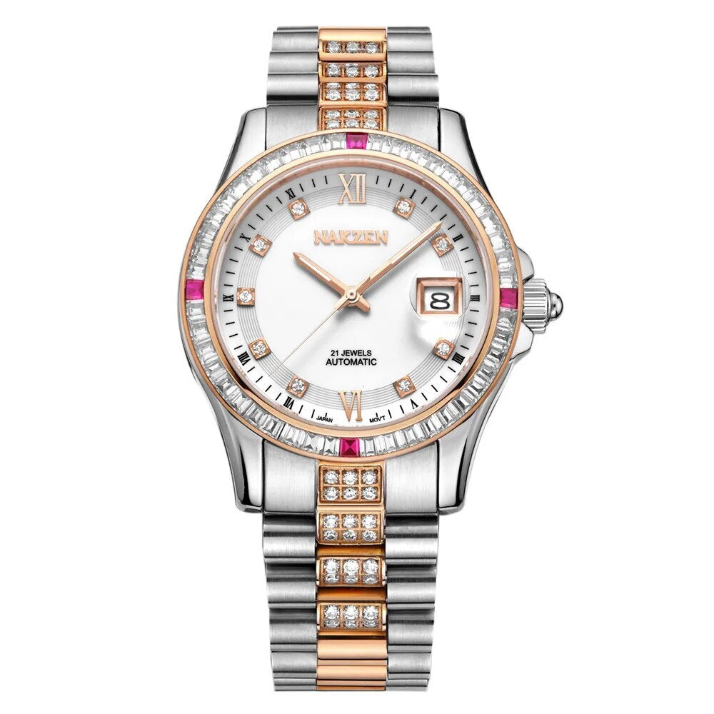 NAKZEN Men Japan NH35 Movement Automatic Mechanical Watch Elegant Diamond Stainless Steel Bracelet Watches Relogio Masculino 6013