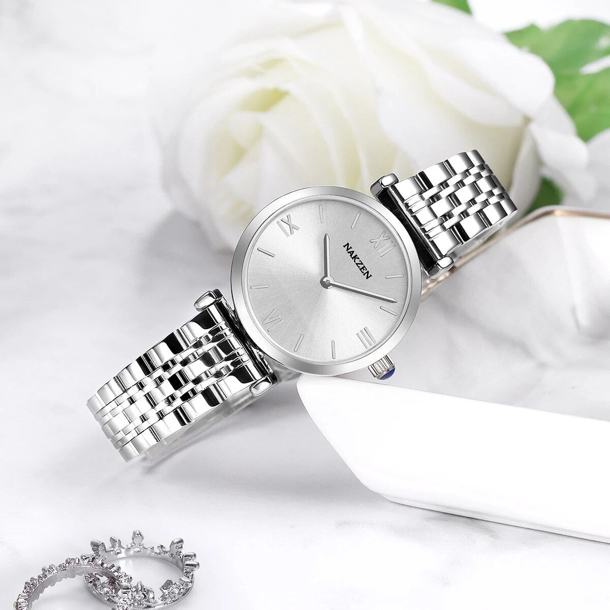 NAKZEN Luxury Crystal Watch Women Waterproof Rose Gold Steel Strap Ladies Wrist Watches Top Brand Bracelet Clock Relogio Feminino 4153