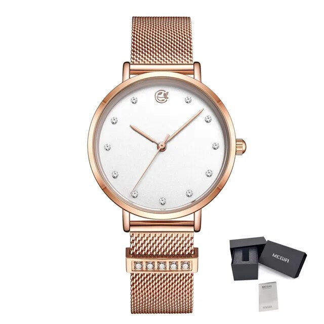 MEGIR Fashion Women Watches Top Brand Luxury Ladies Dress Clock Steel Bracelet Clock Female Quartz Wristwatch Relogio Feminino 7022