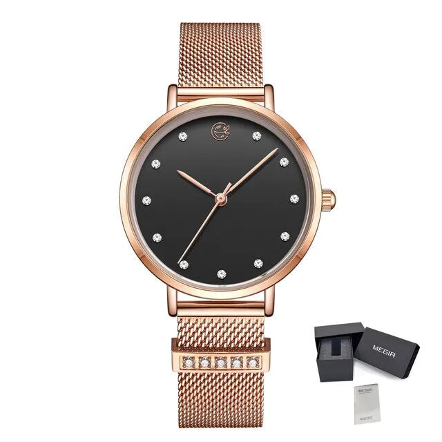 MEGIR Fashion Women Watches Top Brand Luxury Ladies Dress Clock Steel Bracelet Clock Female Quartz Wristwatch Relogio Feminino 7022