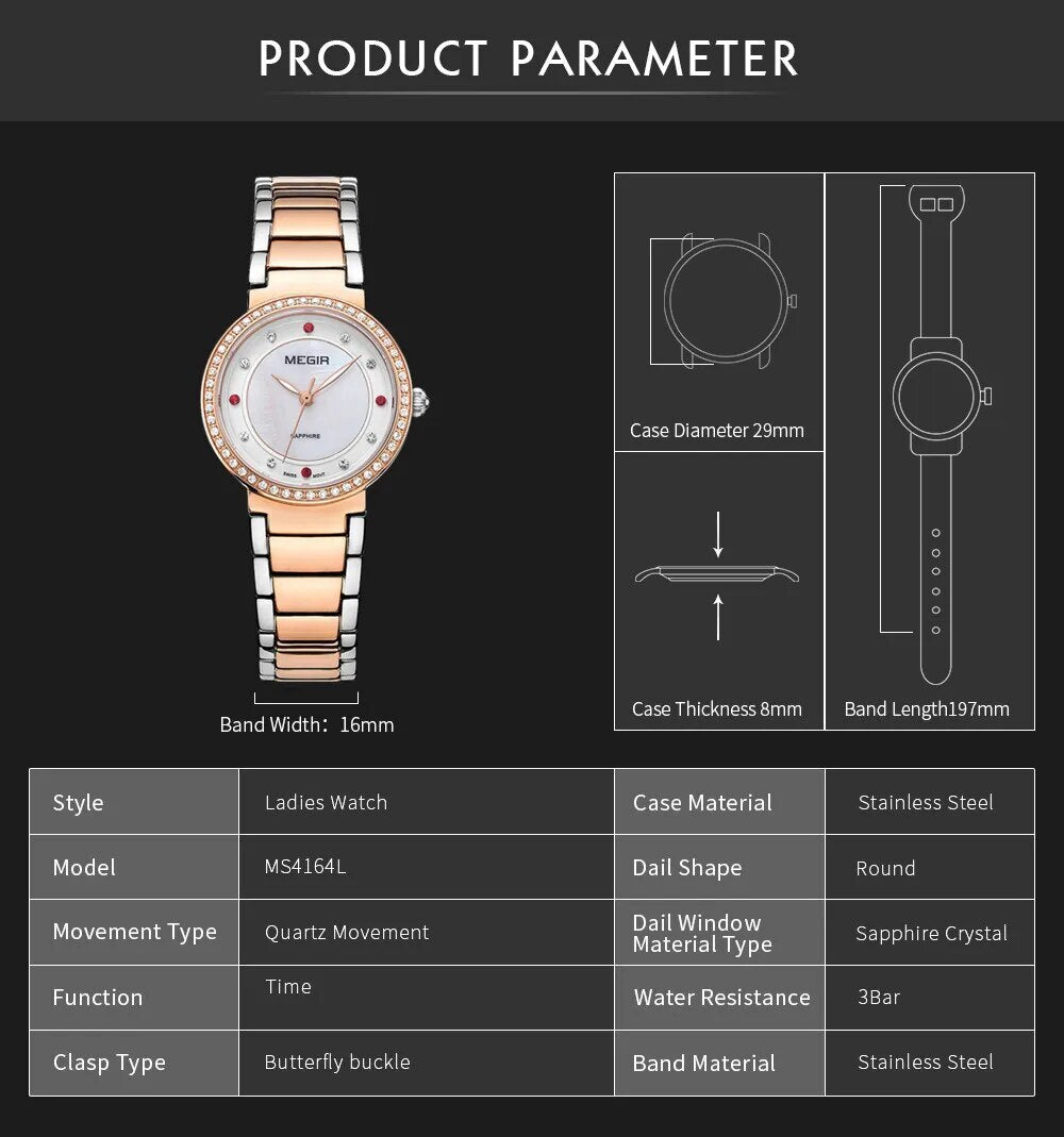 MEGIR Fashion Stainless Steel Women Bracelet Quartz Watches Elegant Business Ladies Clock Female Sport Wristwatch Reloj Mujer 4164