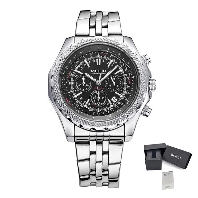 MEGIR Fashion Business Men's Watch Stainless Steel Quartz Wristwatch Calendar Big Dial Man Military Sports Chronograph Clock 2006