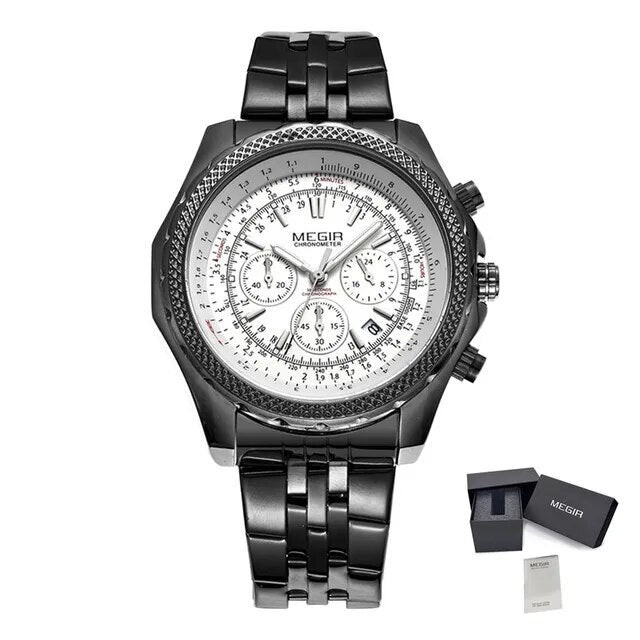 MEGIR Fashion Business Men's Watch Stainless Steel Quartz Wristwatch Calendar Big Dial Man Military Sports Chronograph Clock 2006