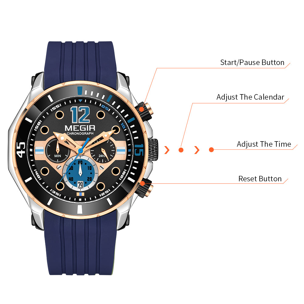 MEGIR Men's Sport Watches Chronograph Silicone Strap Waterproof Calendar Quartz Military Wristwatch Male Clock Relogio Masculino 2206