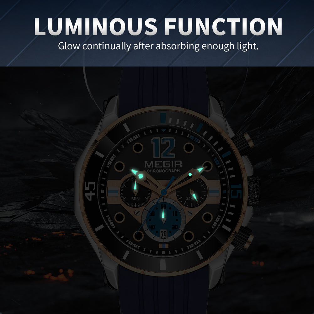 MEGIR Men's Sport Watches Chronograph Silicone Strap Waterproof Calendar Quartz Military Wristwatch Male Clock Relogio Masculino 2206