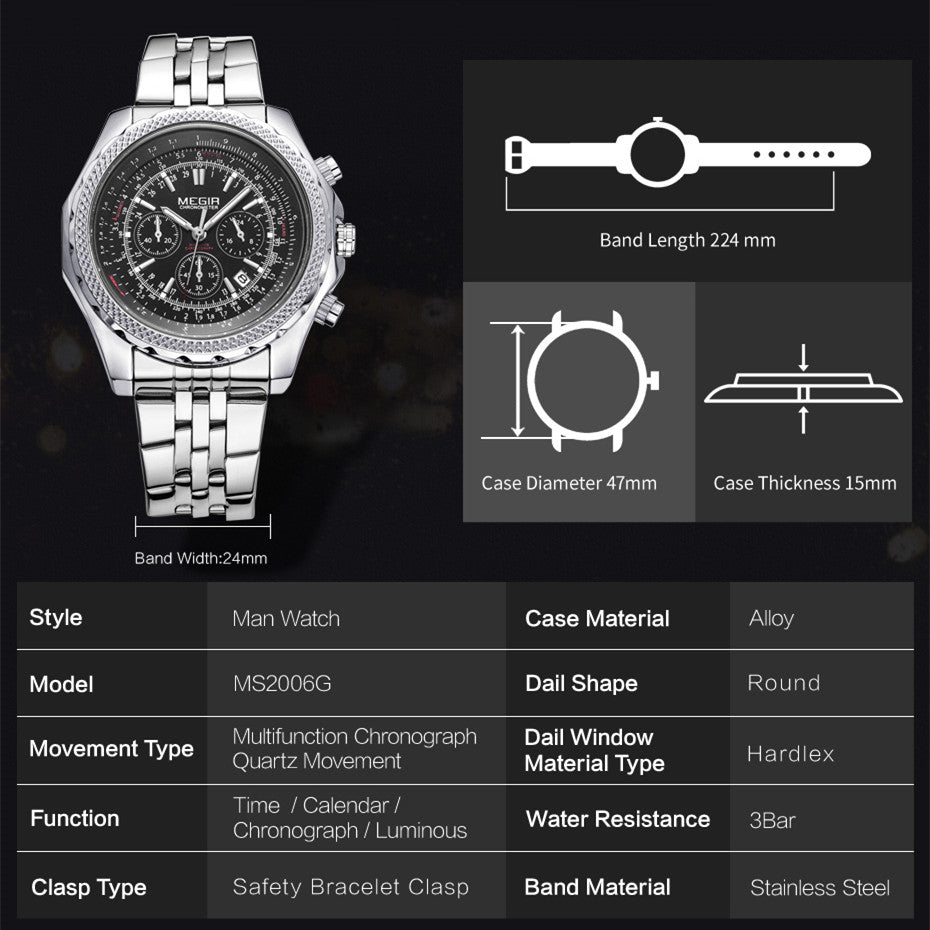 MEGIR Fashion Business Men's Watch Stainless Steel Quartz Wristwatch Calendar Big Dial Man Military Sports Chronograph Clock 2006