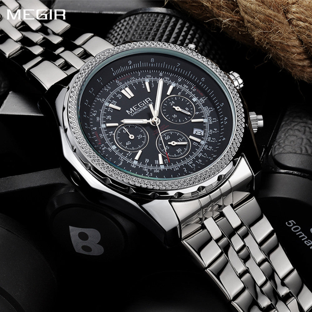 MEGIR Fashion Business Men's Watch Stainless Steel Quartz Wristwatch Calendar Big Dial Man Military Sports Chronograph Clock 2006