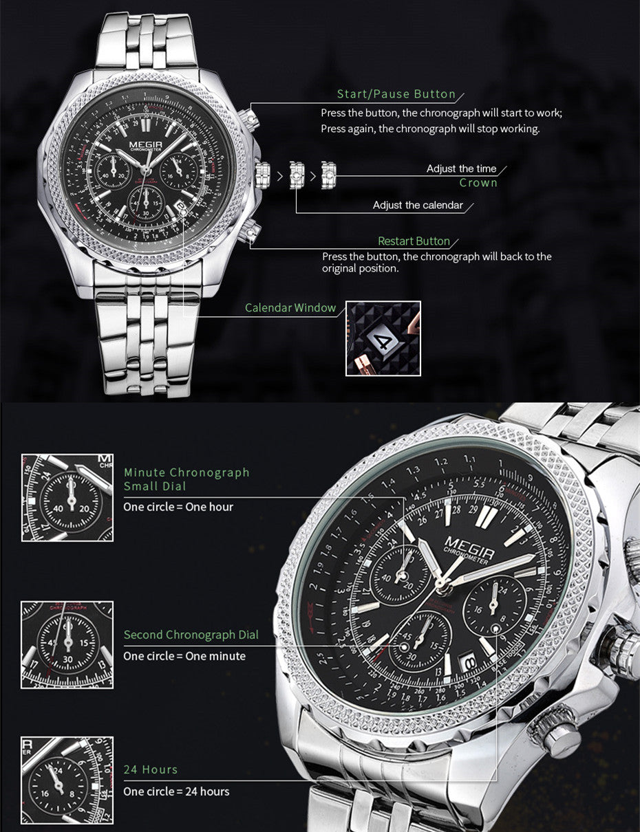 MEGIR Fashion Business Men's Watch Stainless Steel Quartz Wristwatch Calendar Big Dial Man Military Sports Chronograph Clock 2006