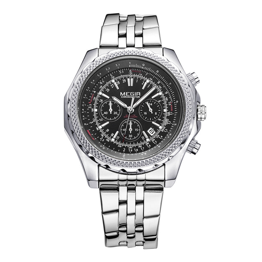 MEGIR Fashion Business Men's Watch Stainless Steel Quartz Wristwatch Calendar Big Dial Man Military Sports Chronograph Clock 2006