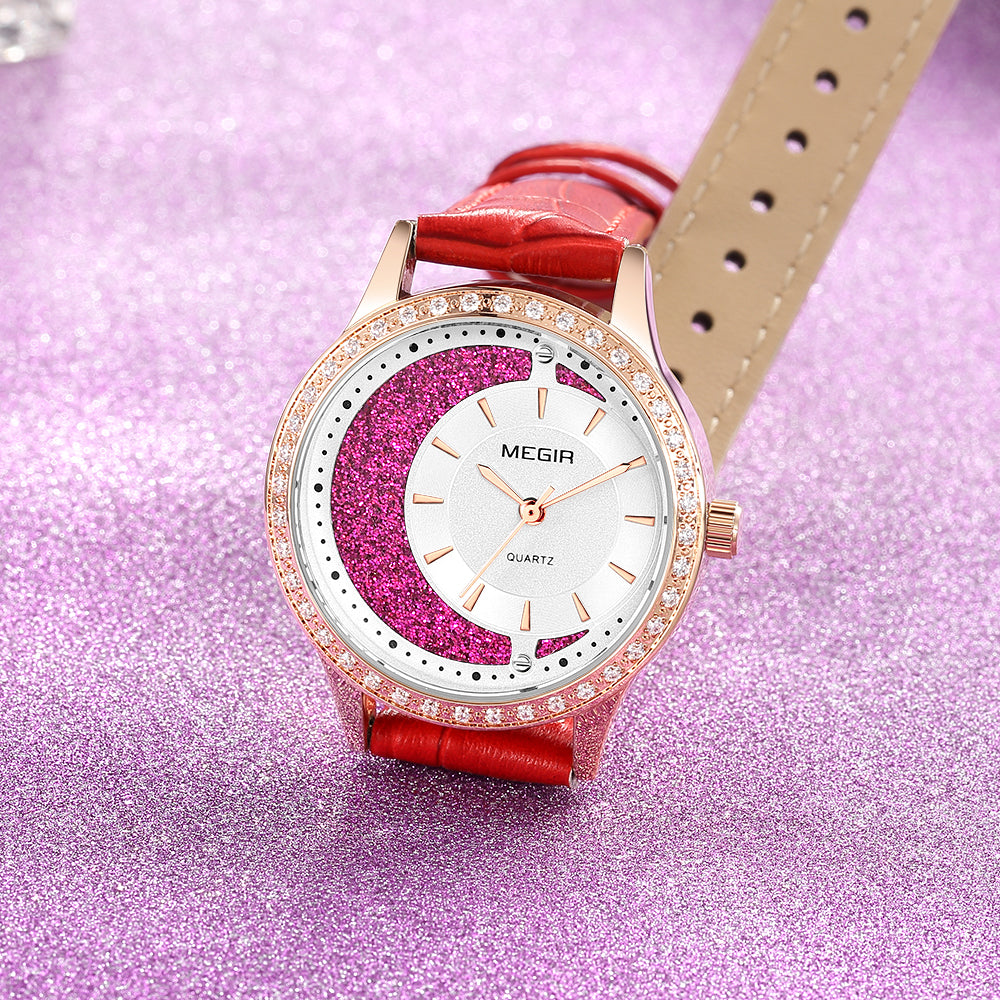 MEGIR Diamond Women Luxury Watch Elegant Ladies Quartz Wristwatch Female Bracelet Watches Waterproof Red Leather Dress Clock 4218
