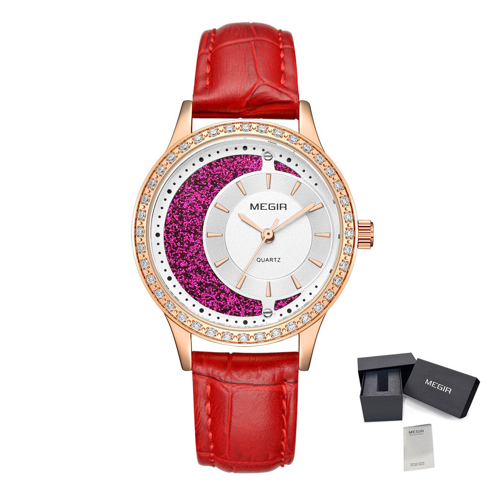 MEGIR Diamond Women Luxury Watch Elegant Ladies Quartz Wristwatch Female Bracelet Watches Waterproof Red Leather Dress Clock 4218