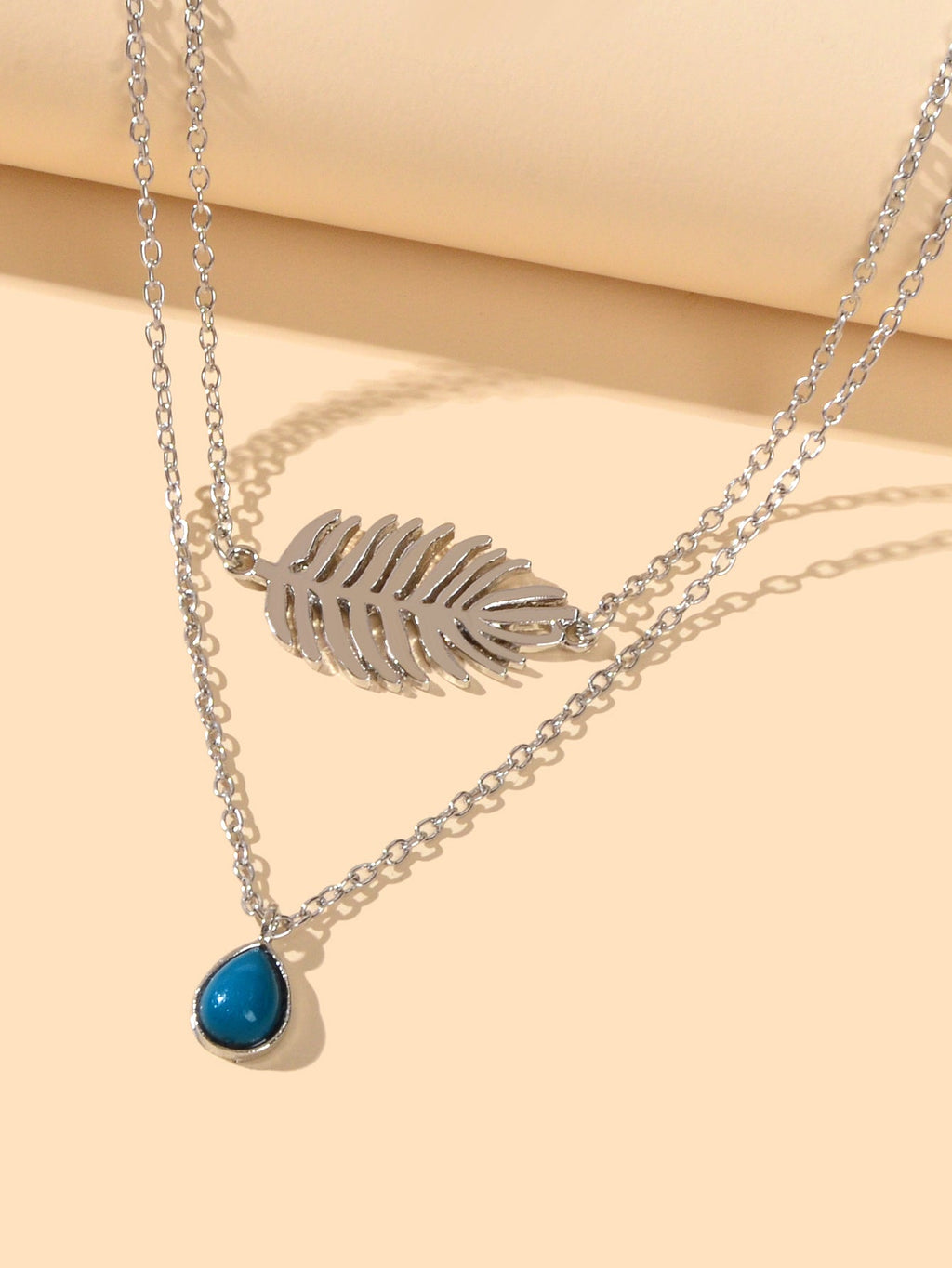 Trendy Double layer Silver Chain Leaf Charm Blue Bead Water Drop Charm Necklace