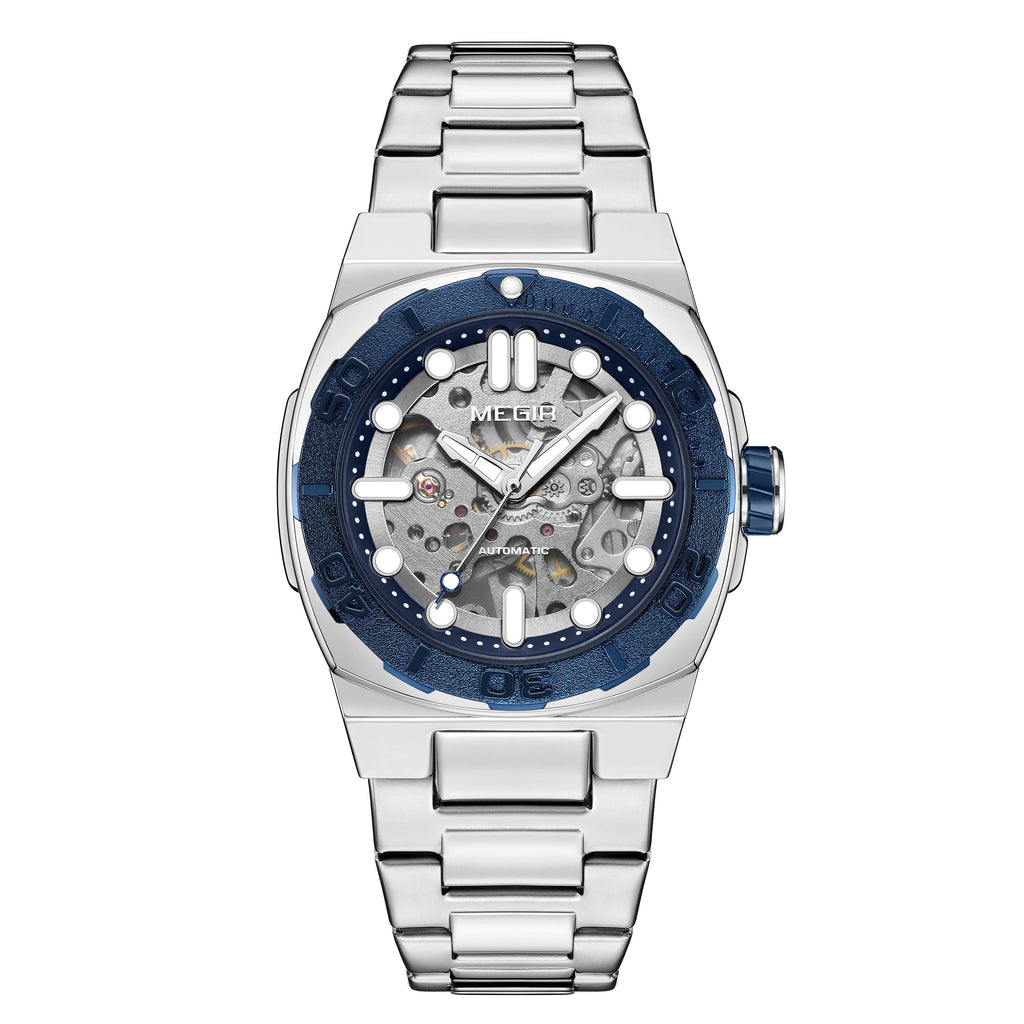 MEGIR Skeleton Dial Mechanical Watches for Men Luxury Business Wristwatch Stainless Steel Waterproof Automatic Watch Clock 8606