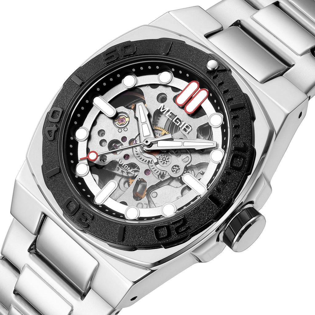 MEGIR Skeleton Dial Mechanical Watches for Men Luxury Business Wristwatch Stainless Steel Waterproof Automatic Watch Clock 8606
