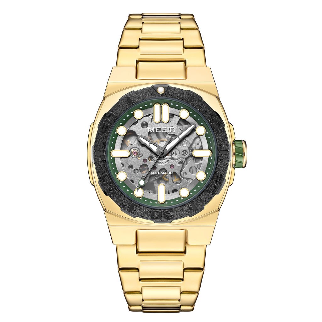 MEGIR Skeleton Dial Mechanical Watches for Men Luxury Business Wristwatch Stainless Steel Waterproof Automatic Watch Clock 8606