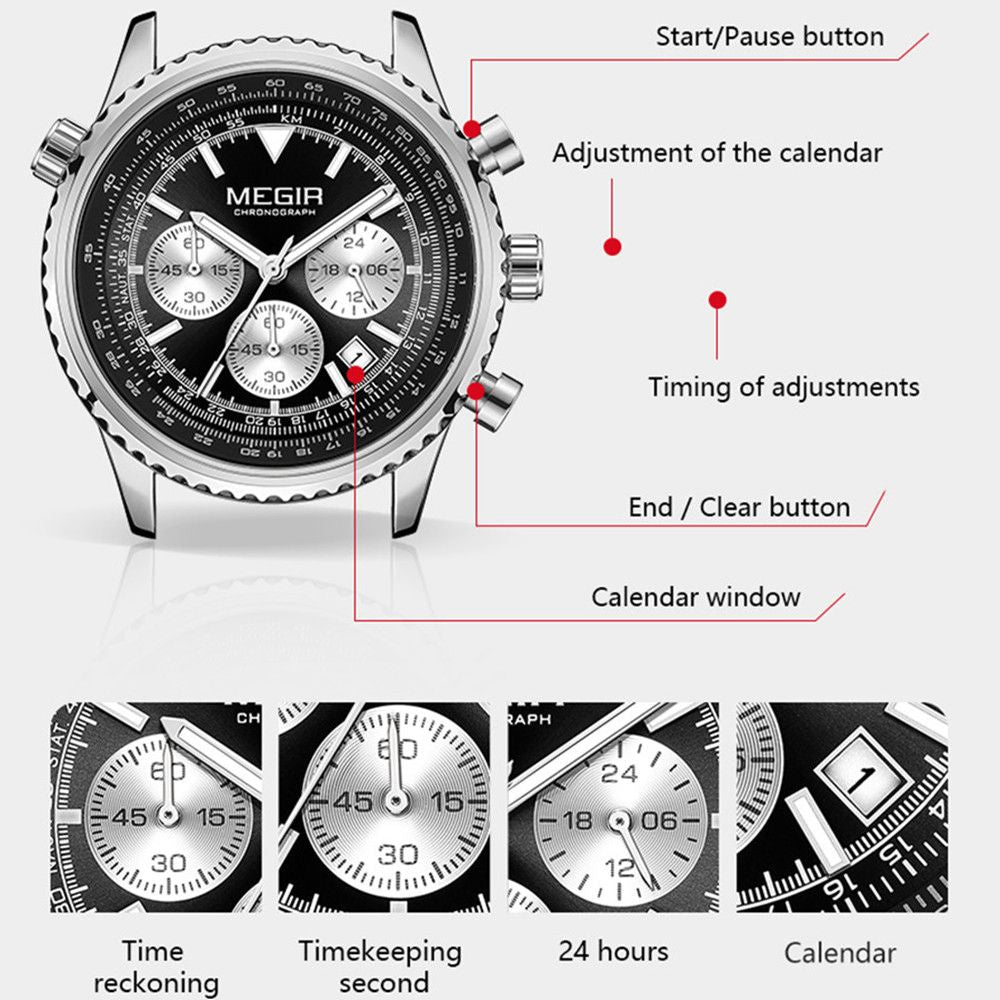 MEGIR Luxury Men Watches Fashion Silicone Band Quartz Military Wristwatch Waterproof Big Dial Male Sport Chronograph with Date Clock 2236