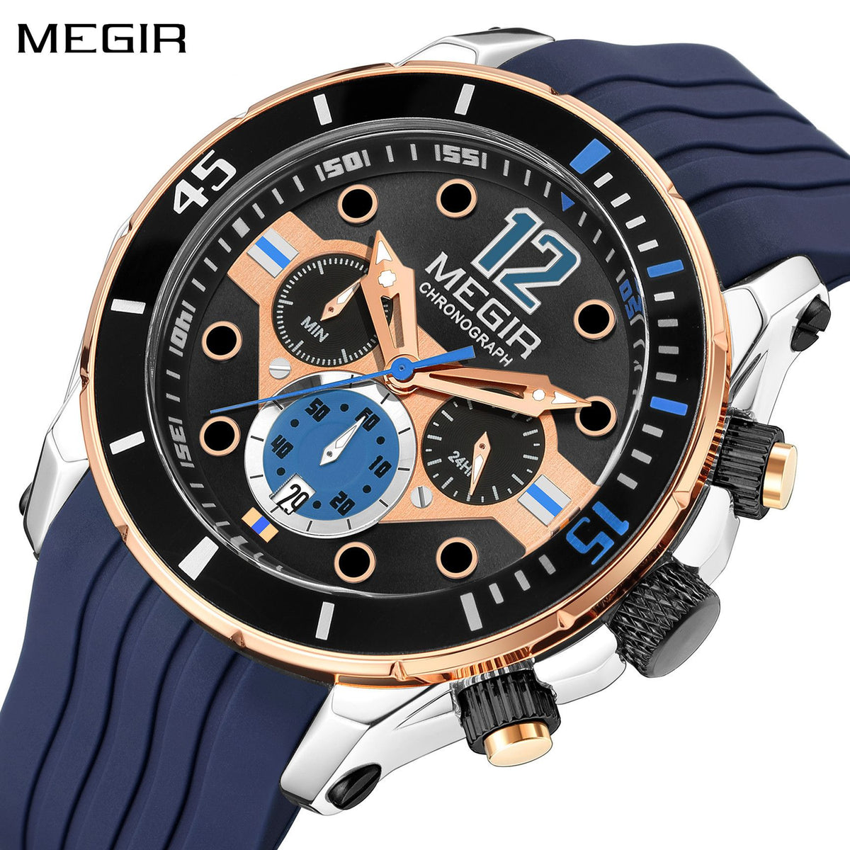 MEGIR Men's Sport Watches Chronograph Silicone Strap Waterproof Calendar Quartz Military Wristwatch Male Clock Relogio Masculino 2206