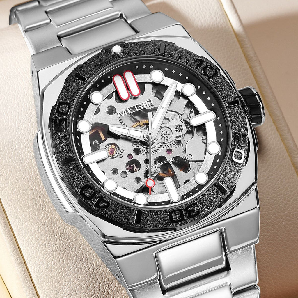 MEGIR Skeleton Dial Mechanical Watches for Men Luxury Business Wristwatch Stainless Steel Waterproof Automatic Watch Clock 8606