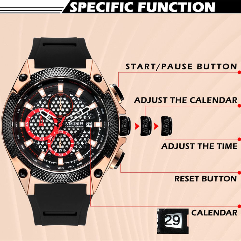 MEGIR Men's Sport Watches Luxury Silicone Strap Man Chronograph Clock Waterproof Luminous Quartz Wristwatch Montre Homme 2127