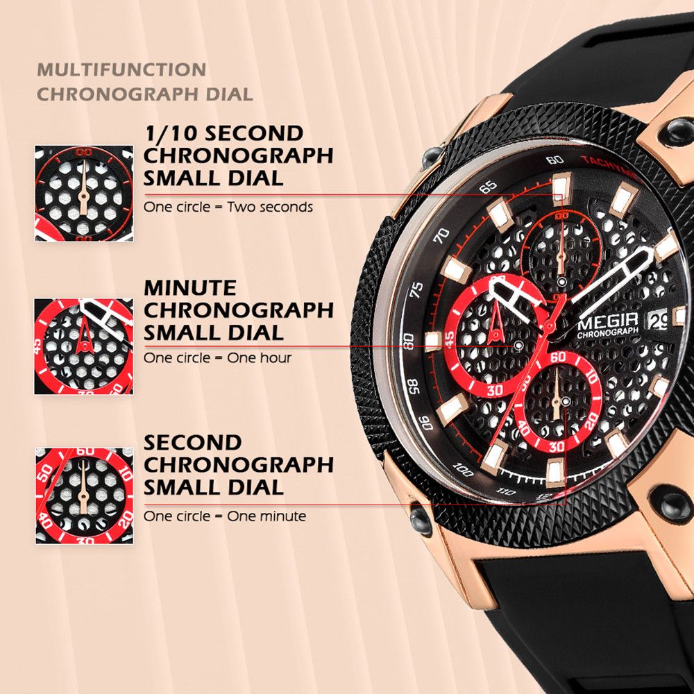 MEGIR Men's Sport Watches Luxury Silicone Strap Man Chronograph Clock Waterproof Luminous Quartz Wristwatch Montre Homme 2127