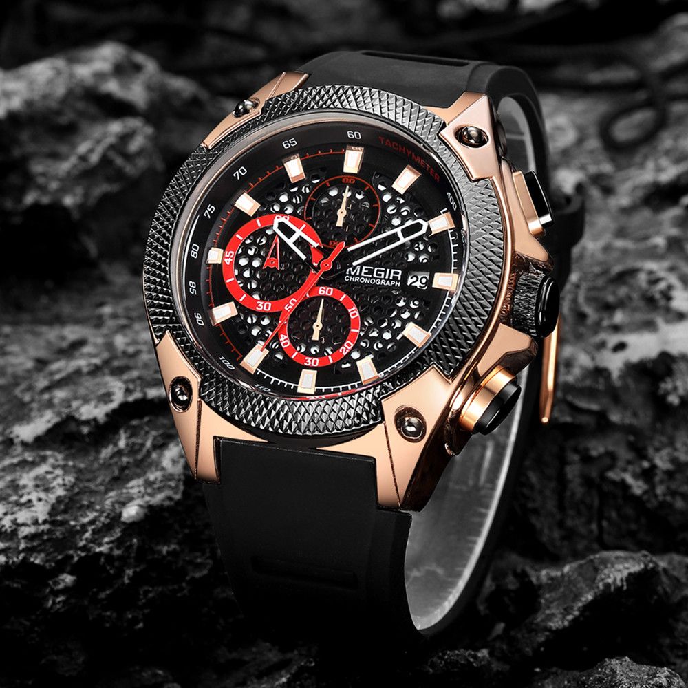 MEGIR Men's Sport Watches Luxury Silicone Strap Man Chronograph Clock Waterproof Luminous Quartz Wristwatch Montre Homme 2127