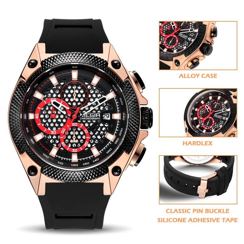 MEGIR Men's Sport Watches Luxury Silicone Strap Man Chronograph Clock Waterproof Luminous Quartz Wristwatch Montre Homme 2127