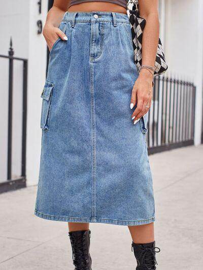 Slit Buttoned Denim Skirt with Pockets for Women