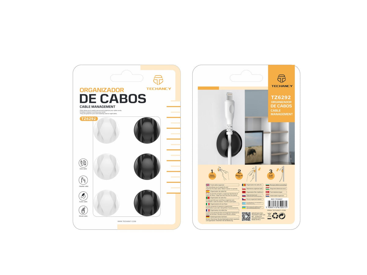 Suporte para cabos Techancy, TZ6292, embalagem com 6 unidades, organizador de cabos, preto + branco