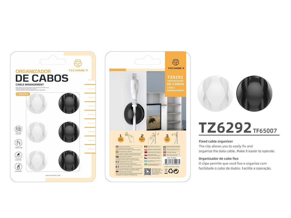 Suporte para cabos Techancy, TZ6292, embalagem com 6 unidades, organizador de cabos, preto + branco