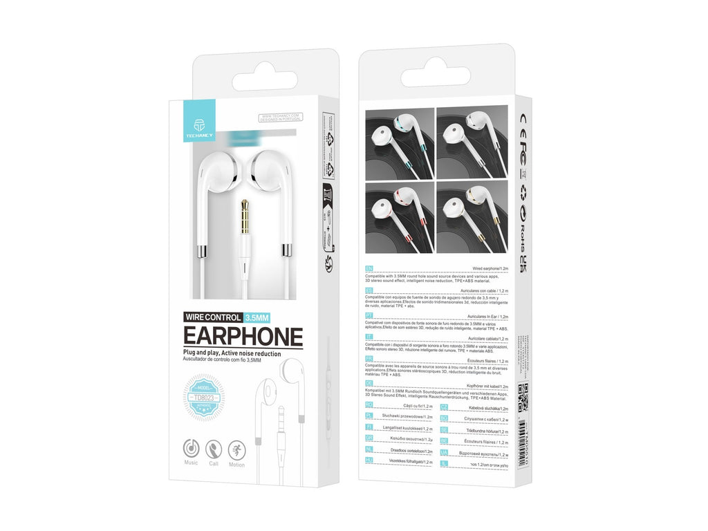 Techancy Fone de ouvido com fio TD8023, plugue 3,5 mm, controle no fio, microfone HD, cabo 1,2m