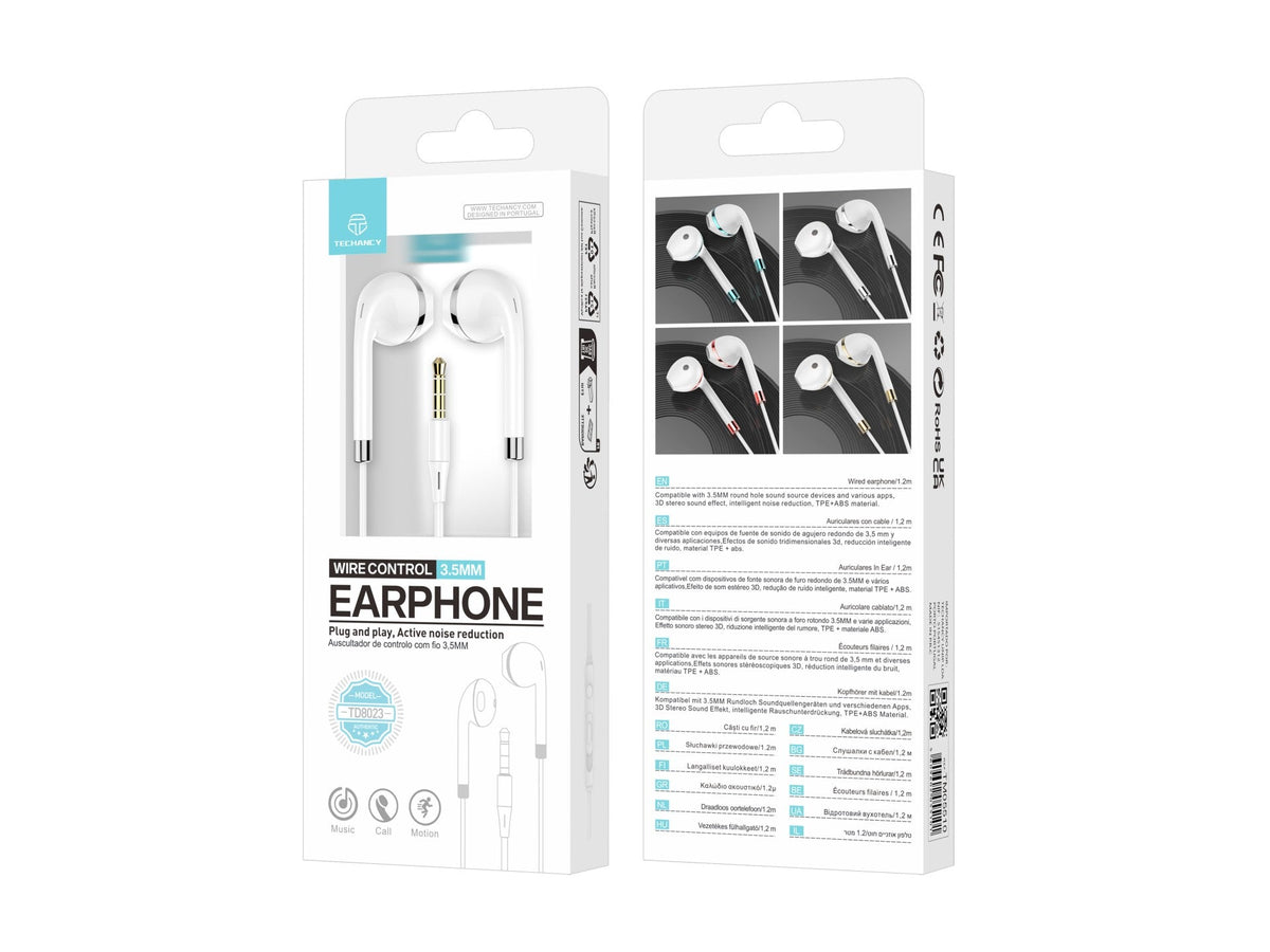 Techancy Fone de ouvido com fio TD8023, plugue 3,5 mm, controle no fio, microfone HD, cabo 1,2m