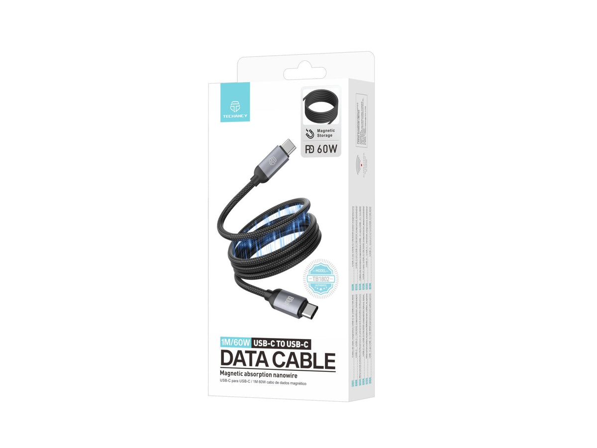 Techancy Cabo magnetico TB1802 USB-C para USB-C 1M 60W PD suporta carga 30W e transmissao de dados 480Mbps Preto