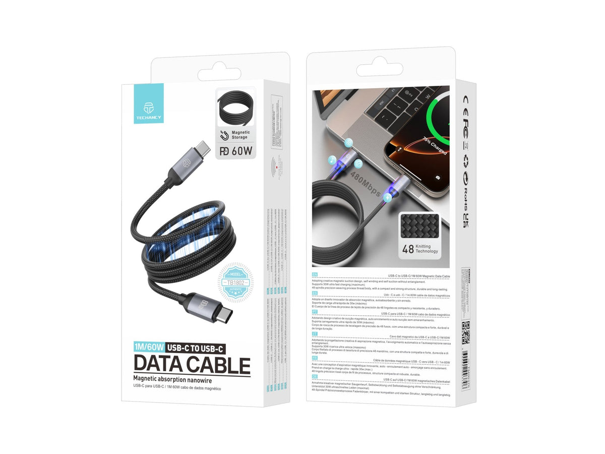 Techancy Cabo magnetico TB1802 USB-C para USB-C 1M 60W PD suporta carga 30W e transmissao de dados 480Mbps Preto